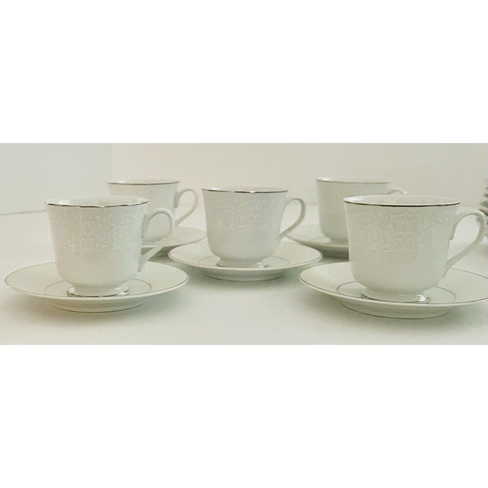 5 Vintage 1950 Crown Victoria Lovelace Teacups And Saucer Sets Silver Edgings
